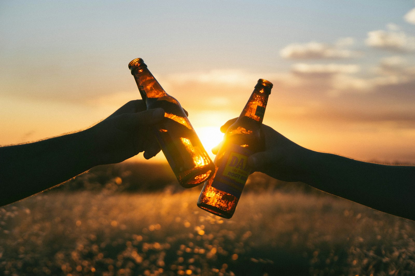 Duas garrafas de cerveja brindando ao pôr do sol